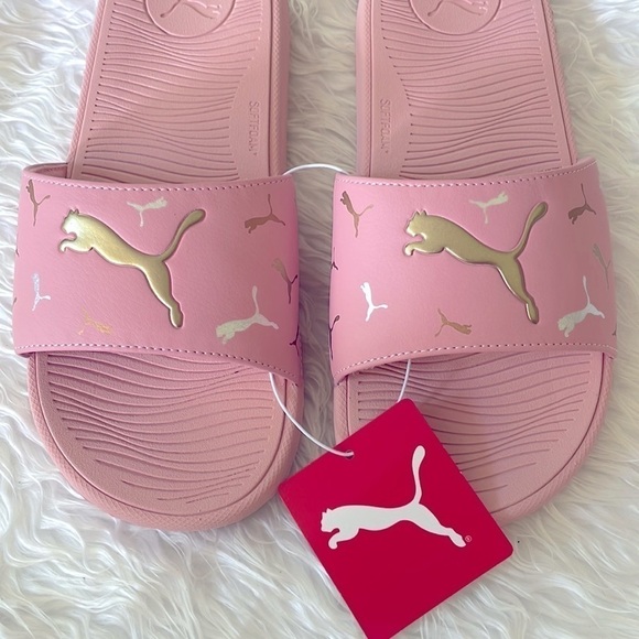 Brand New Puma Cool Cat 2.0 Toss Pink Large Strap Slides Sandals Metallic Logo - Picture 3 of 12